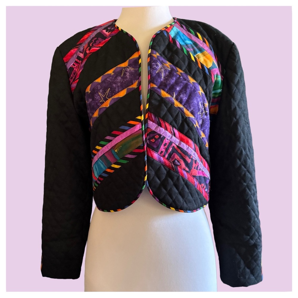 Marie Studer Design Vintage Colorful Quilted Geometric Cropped  Jacket USA Small